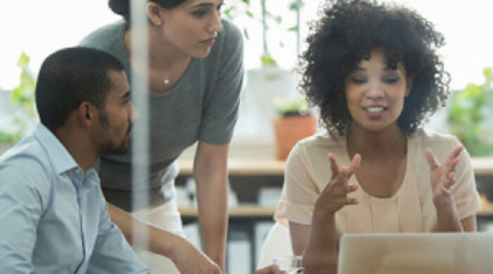 group of people with a laptop talking at a meeting.