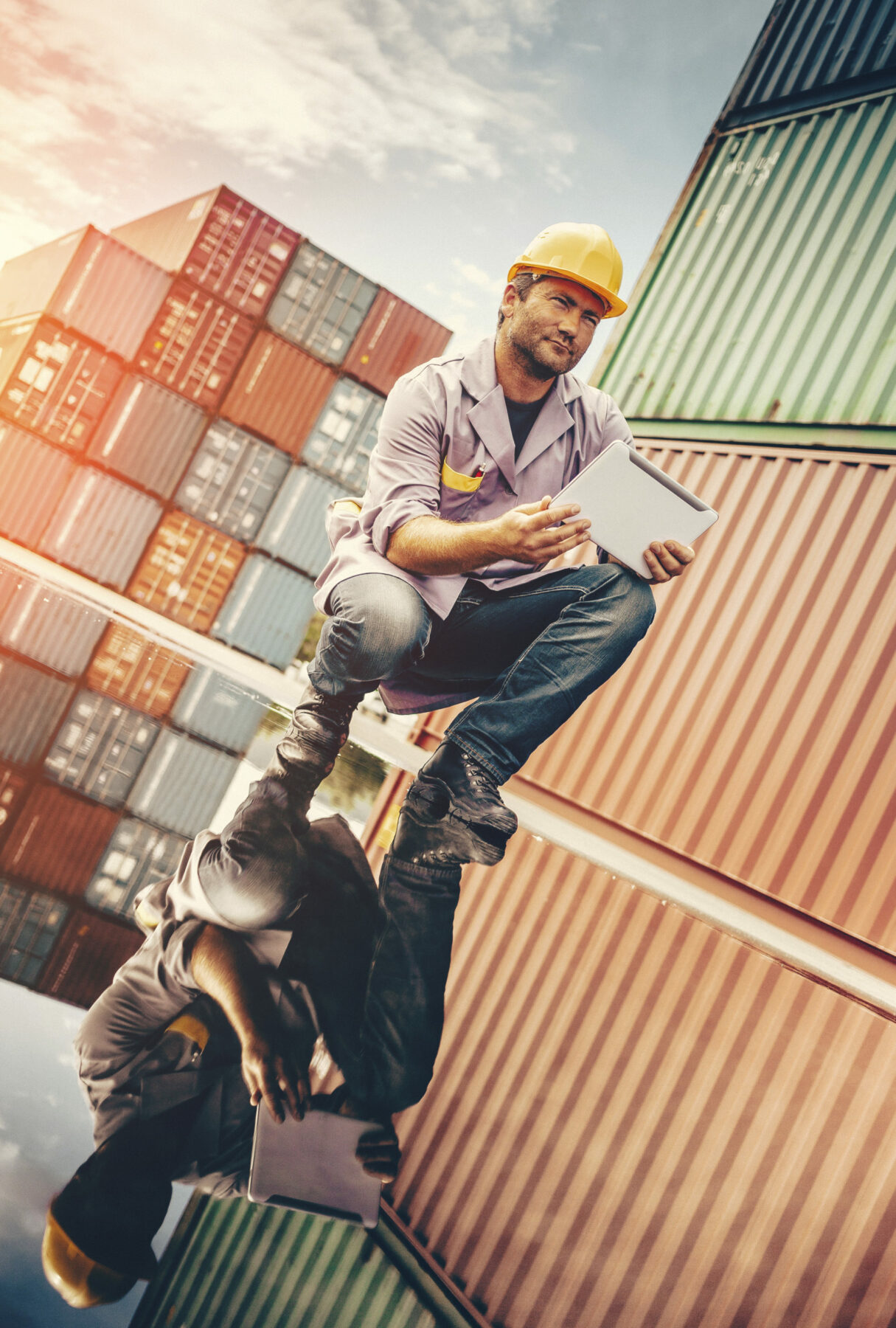 construction worker crouched down at a doc looking at a notebook