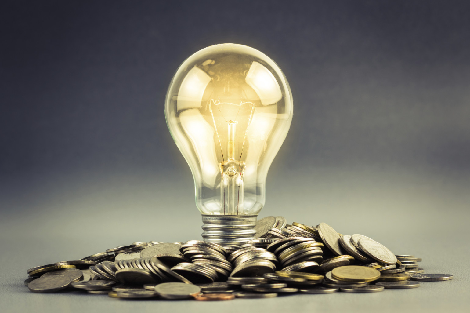 lightbulb lit above coins showing power of energy.