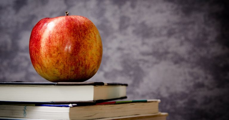 apple sitting on school books