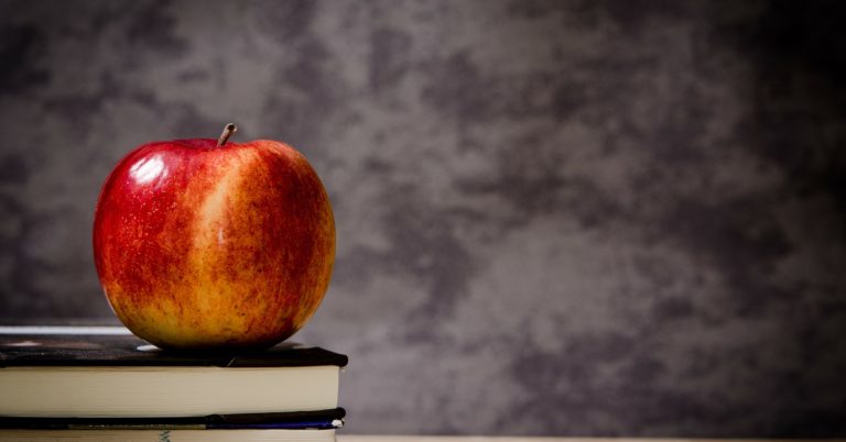 apple sitting on school books