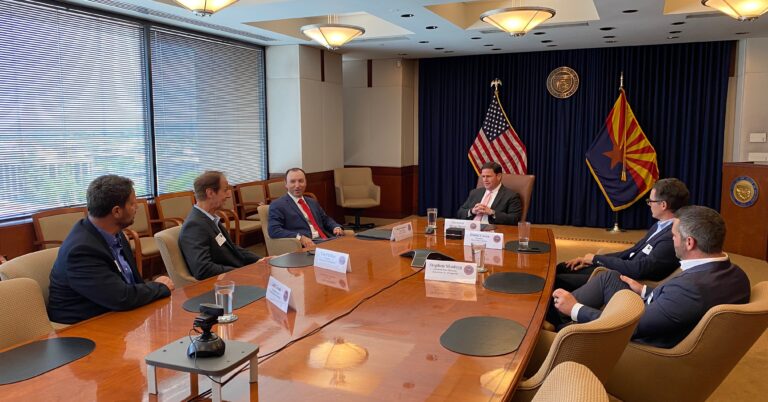 AFP President Tim Phillips, Arizona State Director Steven Shadegg, LIBRE President Daniel Garza, and others meet with Arizona Governor Doug Ducey to discuss historic tax reform.