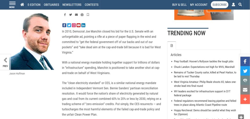 Joe Manchin gets another shot at cap-and-trade op-ed screenshot
