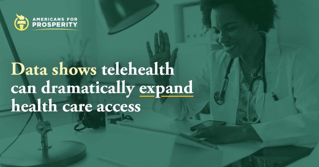 An Americans for Prosperity telehealth graphic explaining that data shows telehealth can dramatically expand health care access for patients.