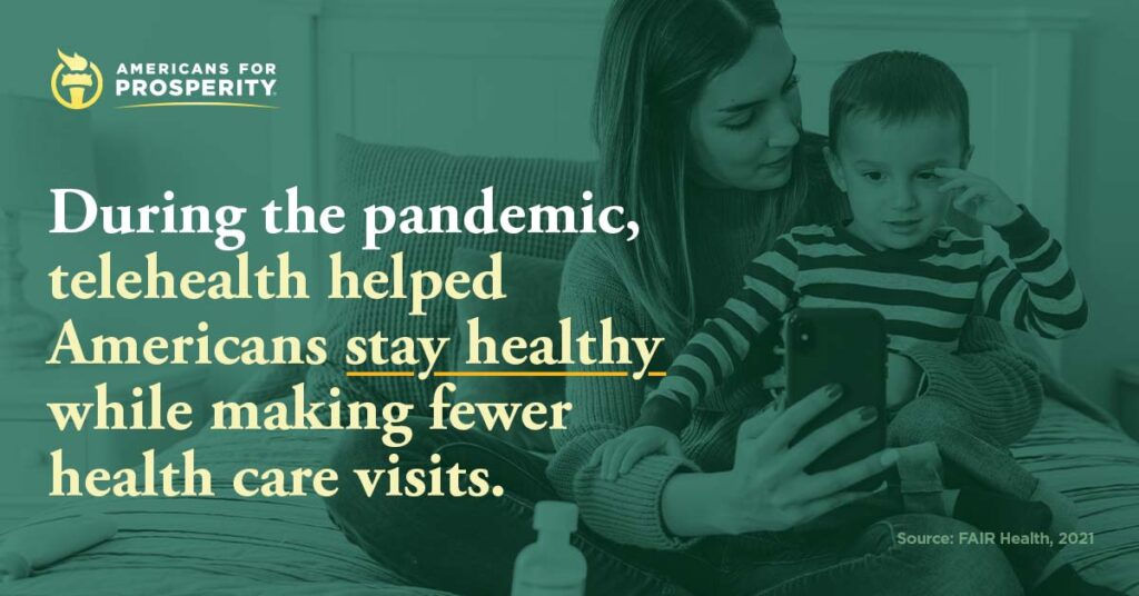 An Americans for Prosperity telehealth graphic explaining that during the pandemic, telehealth helped Americans stay healthy while making fewer health care visits.