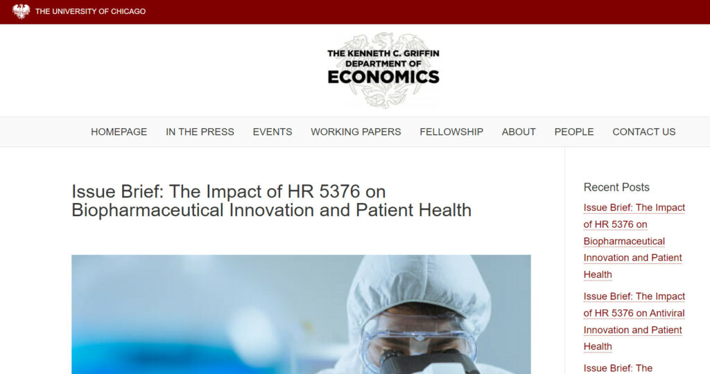 A new study published by the University of Chicago warns that the drug price controls in HR 5376 will stifle biopharmaceutical innovation and harm patient health.