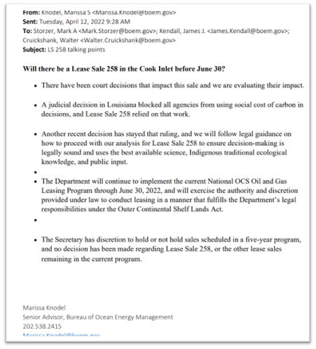 BOEM talking points for the Cook Inlet lease sale that make no mention for lack of industry interest as a reason for why the sale didn't go through.