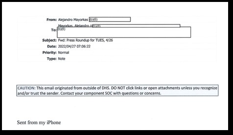 Records suggest that someone in DHS Secretary Mayorka's office sent a message to the secretary's personal email, which the secretary forwarded to a personal account. 